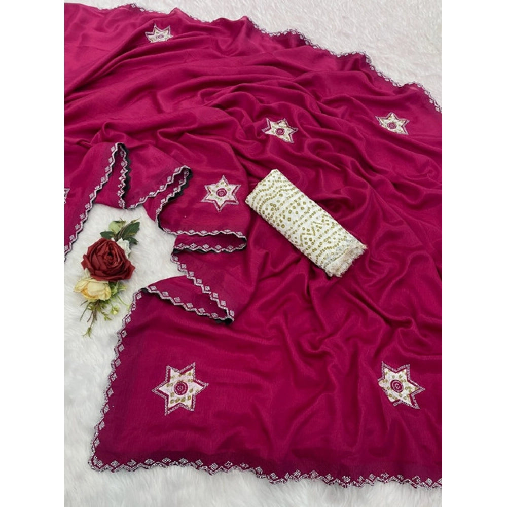 Amfyn Women's Chiffon Butti Dotted Saree With Unstitched Blouse 5.5Mtr (Pink)