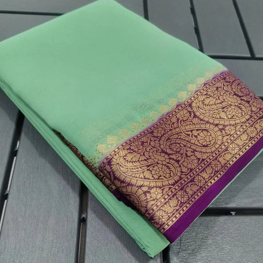Amfyn Women's Crepe Chit Pallu Solid Saree With Unstitched Blouse 5.5Mtr (Light Green)