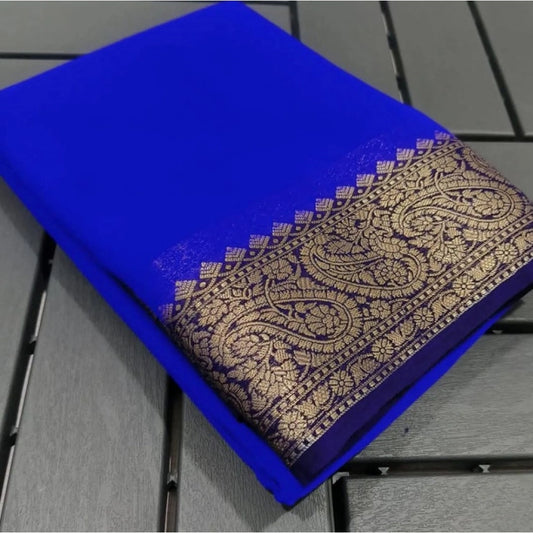 Amfyn Women's Crepe Chit Pallu Solid Saree With Unstitched Blouse 5.5Mtr (Navy Blue)