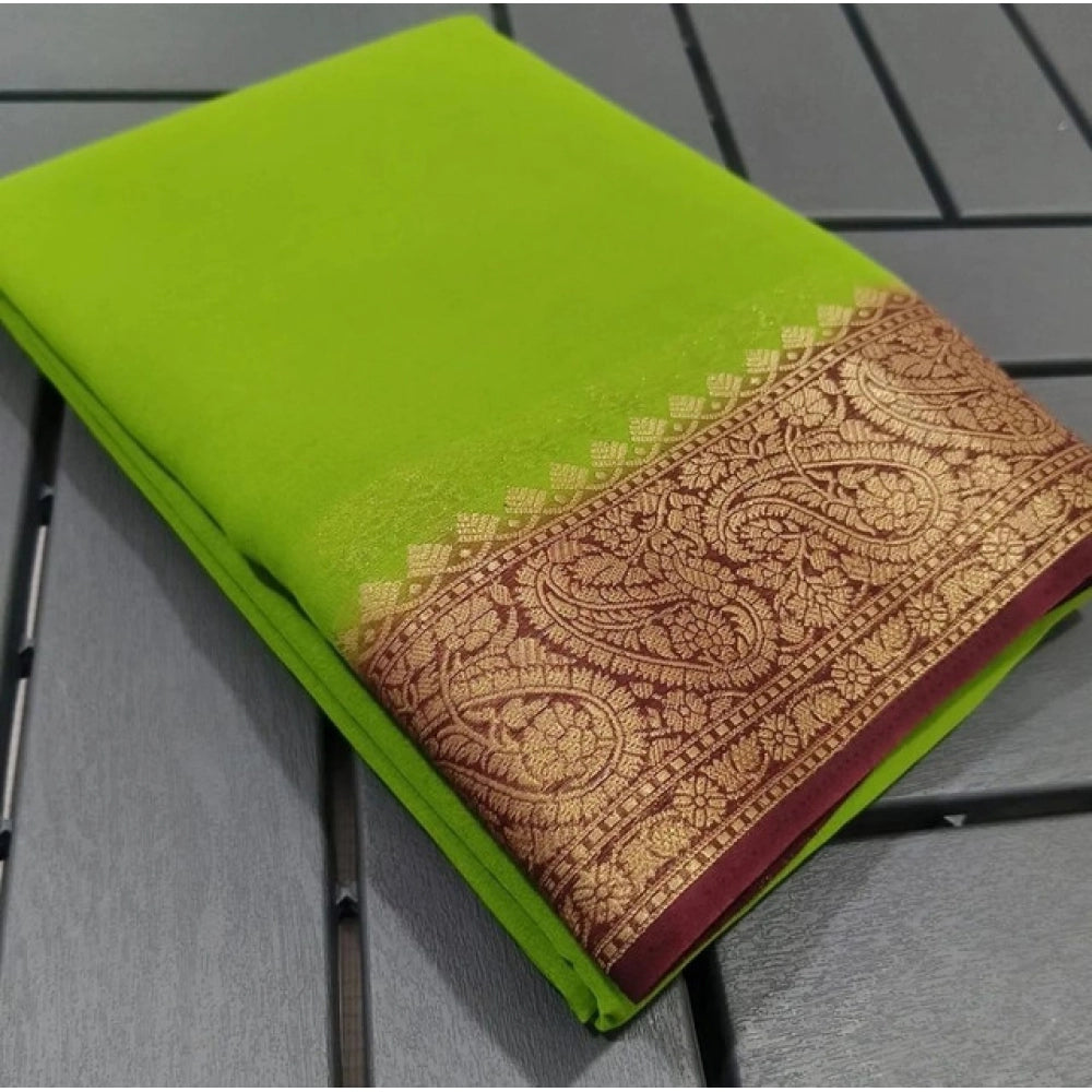 Amfyn Women's Crepe Chit Pallu Solid Saree With Unstitched Blouse 5.5Mtr (Green)