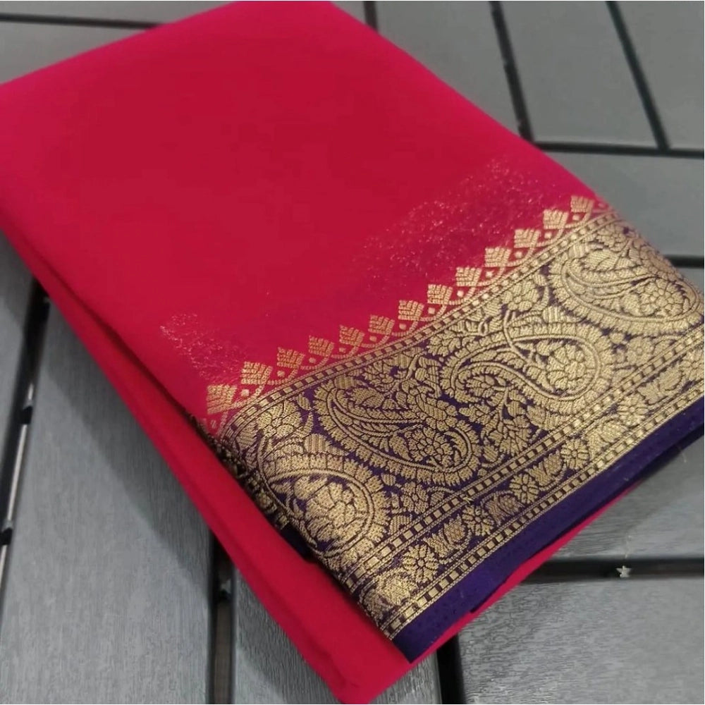 Amfyn Women's Crepe Chit Pallu Solid Saree With Unstitched Blouse 5.5Mtr (Red)