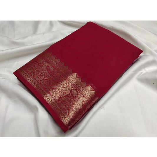 Amfyn Women's Crepe Chit Pallu Solid Saree With Unstitched Blouse 5.5Mtr (Maroon)