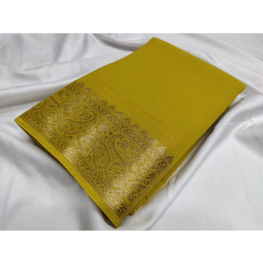 Amfyn Women's Crepe Chit Pallu Solid Saree With Unstitched Blouse 5.5Mtr (Mustard Yellow)