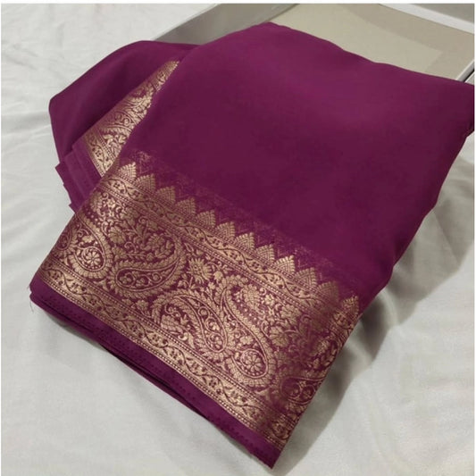 Amfyn Women's Crepe Chit Pallu Solid Saree With Unstitched Blouse 5.5Mtr (light purple)