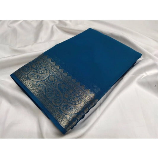 Amfyn Women's Crepe Chit Pallu Solid Saree With Unstitched Blouse 5.5Mtr (Sea-Green)