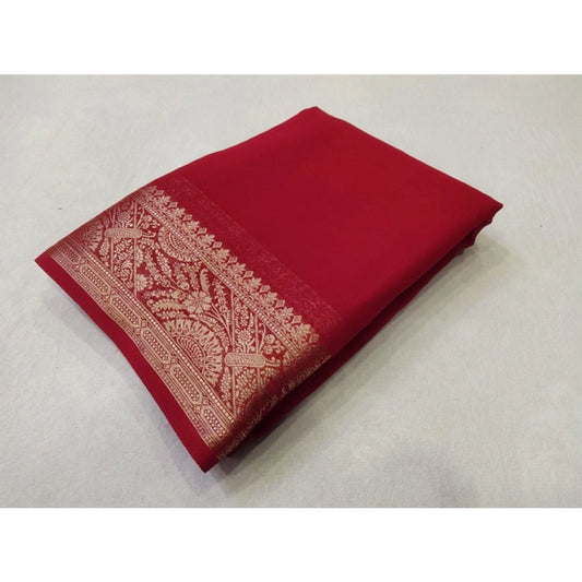 Amfyn Women's Crepe Chit Pallu Solid Saree With Unstitched Blouse 5.5Mtr (Red)