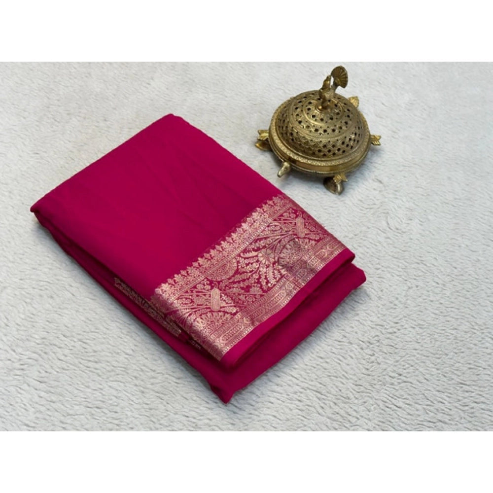 Amfyn Women's Crepe Chit Pallu Solid Saree With Unstitched Blouse 5.5Mtr (Pink)