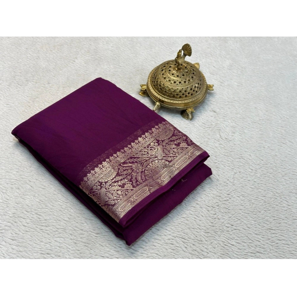 Amfyn Women's Crepe Chit Pallu Solid Saree With Unstitched Blouse 5.5Mtr (Purple)