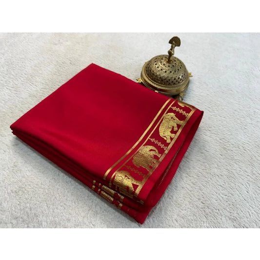 Amfyn Women's Crepe Chit Pallu Solid Saree With Unstitched Blouse 5.5Mtr (Red)
