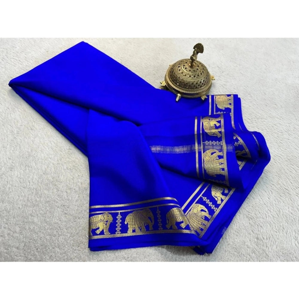Amfyn Women's Crepe Chit Pallu Solid Saree With Unstitched Blouse 5.5Mtr (Navy Blue)