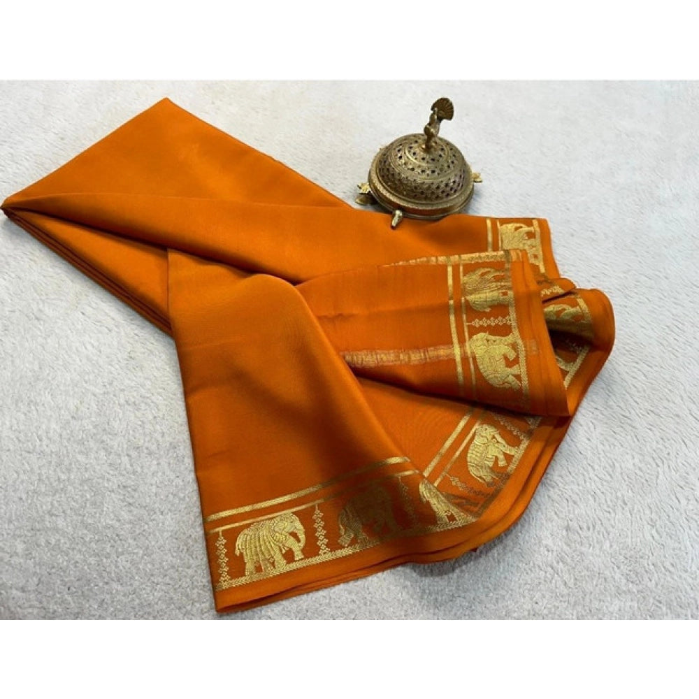Amfyn Women's Crepe Chit Pallu Solid Saree With Unstitched Blouse 5.5Mtr (Orange)