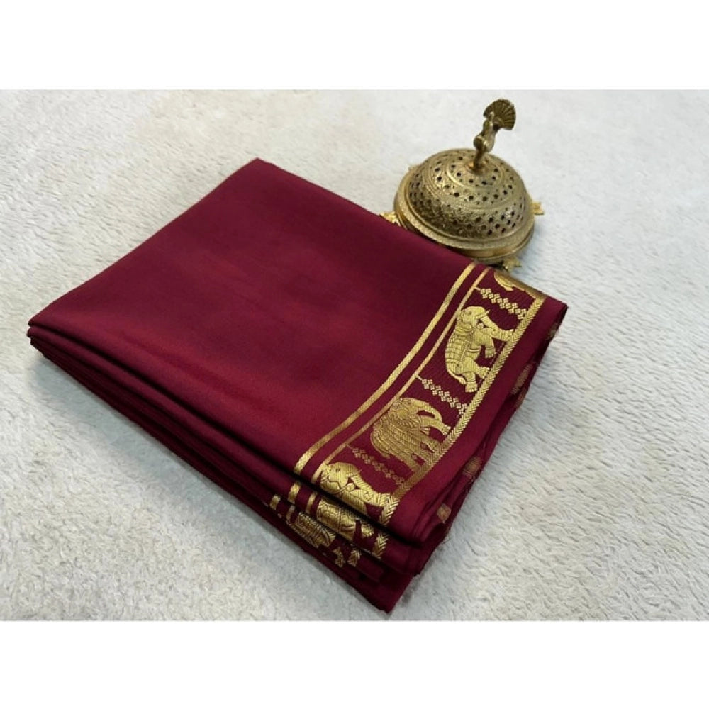 Amfyn Women's Crepe Chit Pallu Solid Saree With Unstitched Blouse 5.5Mtr (Maroon)
