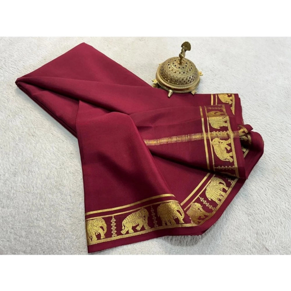 Amfyn Women's Crepe Chit Pallu Solid Saree With Unstitched Blouse 5.5Mtr (Maroon)