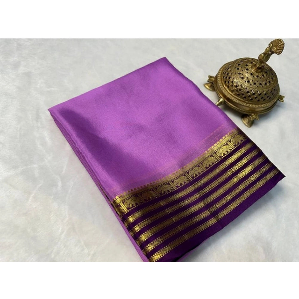 Amfyn Women's Crepe Chit Pallu Solid Saree With Unstitched Blouse 5.5Mtr (Dark Purple)