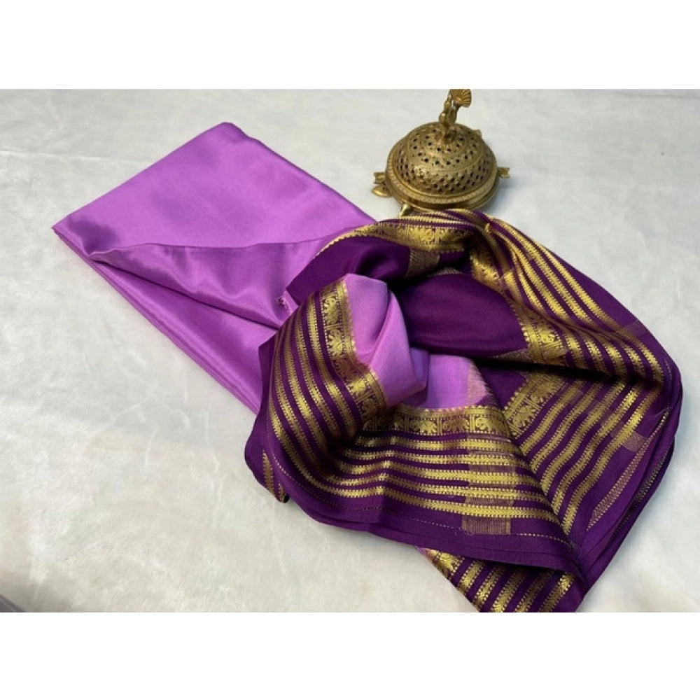 Amfyn Women's Crepe Chit Pallu Solid Saree With Unstitched Blouse 5.5Mtr (Dark Purple)
