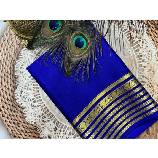 Amfyn Women's Crepe Chit Pallu Solid Saree With Unstitched Blouse 5.5Mtr (Blue)