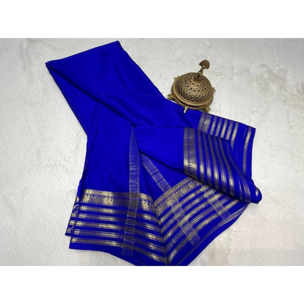 Amfyn Women's Crepe Chit Pallu Solid Saree With Unstitched Blouse 5.5Mtr (Blue)