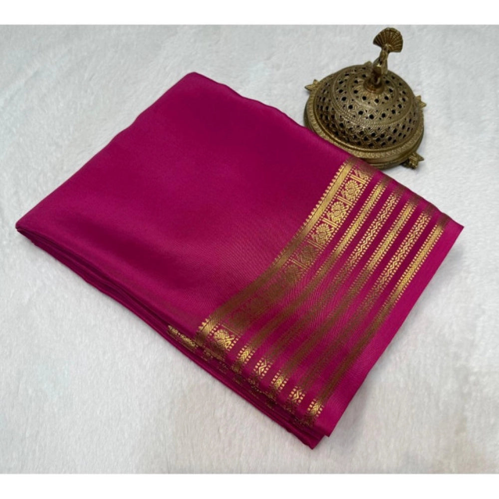 Amfyn Women's Crepe Chit Pallu Solid Saree With Unstitched Blouse 5.5Mtr (Pink)