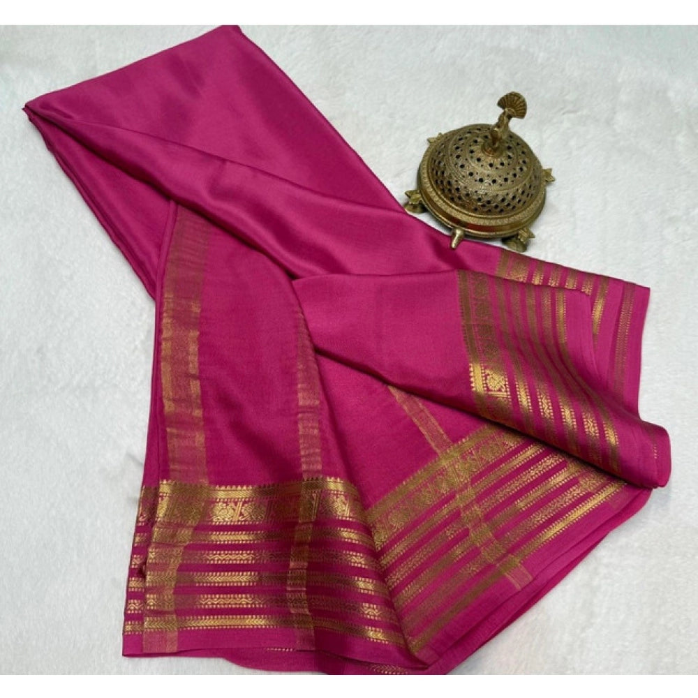 Amfyn Women's Crepe Chit Pallu Solid Saree With Unstitched Blouse 5.5Mtr (Pink)