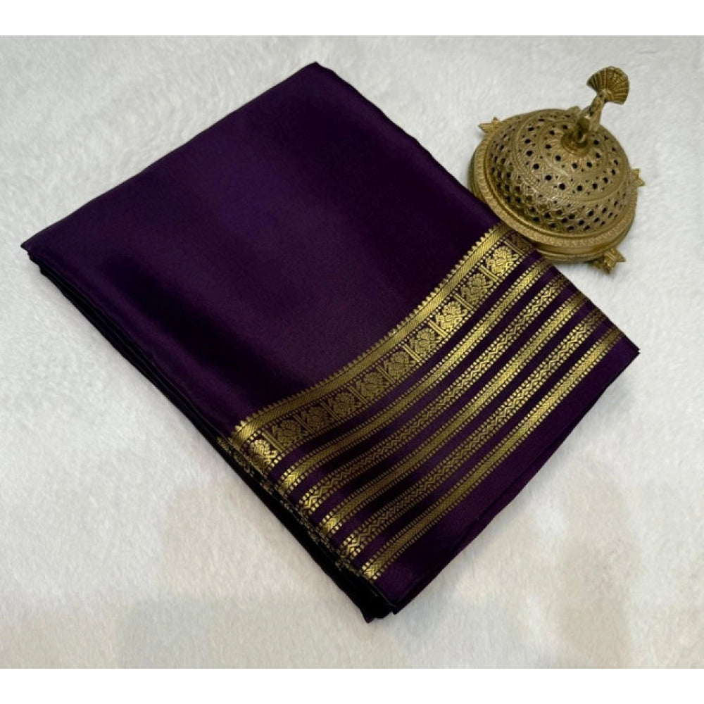 Amfyn Women's Crepe Chit Pallu Solid Saree With Unstitched Blouse 5.5Mtr (Dark Purple)