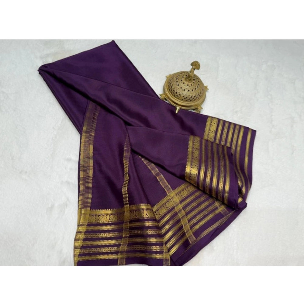 Amfyn Women's Crepe Chit Pallu Solid Saree With Unstitched Blouse 5.5Mtr (Dark Purple)