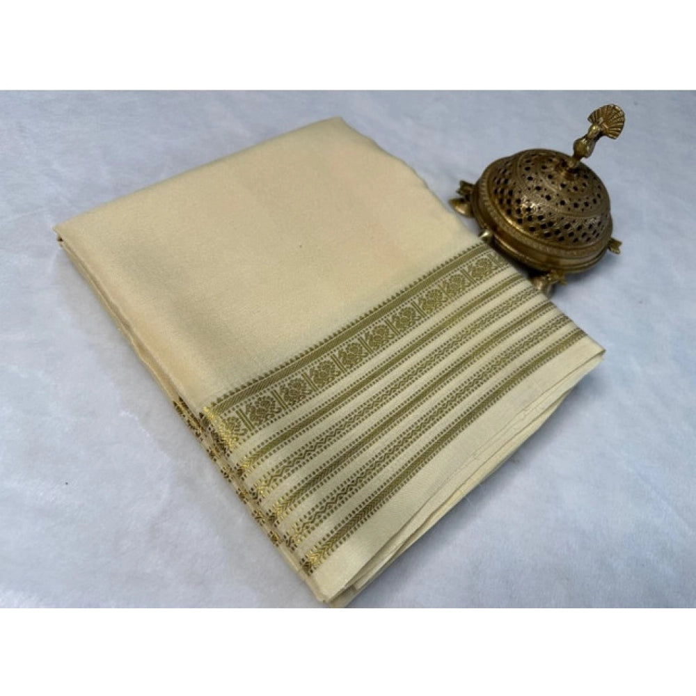 Amfyn Women's Crepe Chit Pallu Solid Saree With Unstitched Blouse 5.5Mtr (Beige)
