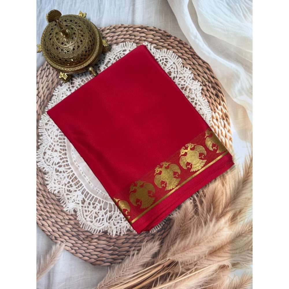 Amfyn Women's Crepe Chit Pallu Solid Saree With Unstitched Blouse 5.5Mtr (Red)