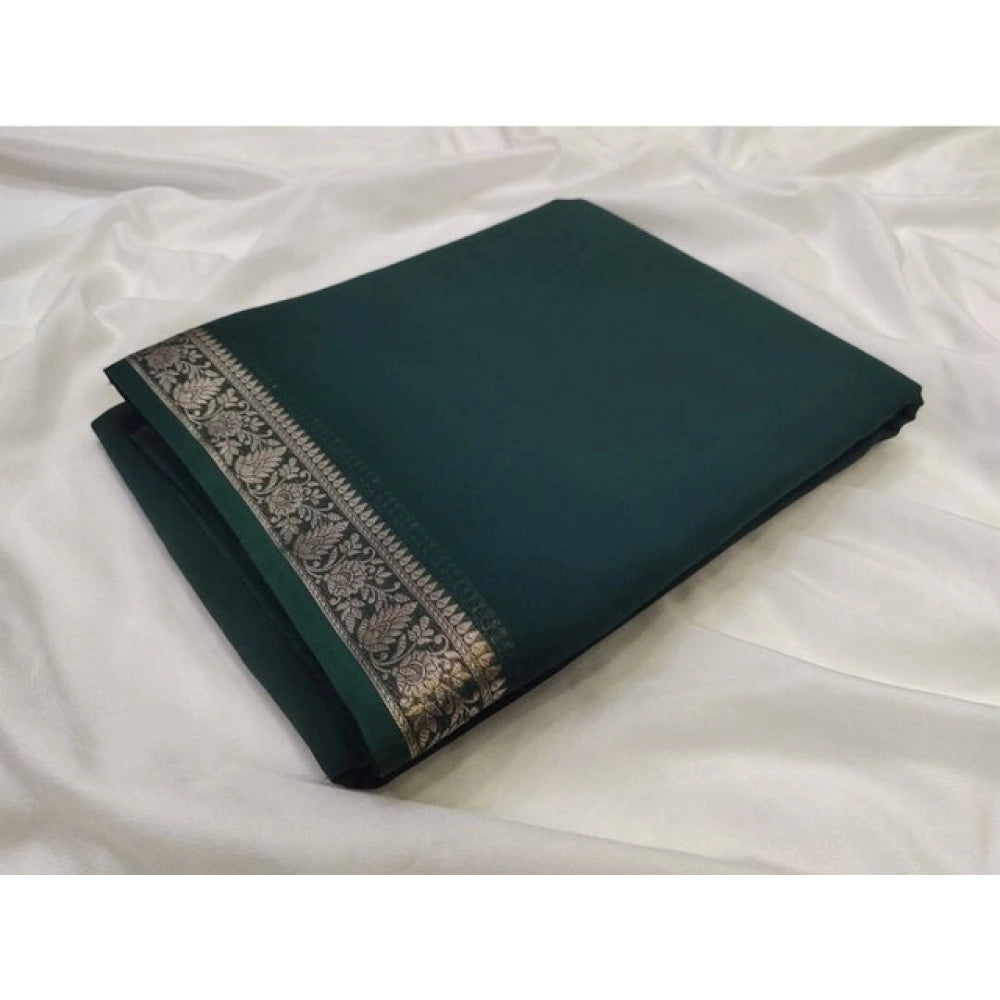 Amfyn Women's Crepe Chit Pallu Solid Saree With Unstitched Blouse 5.5Mtr (Bottle Green)