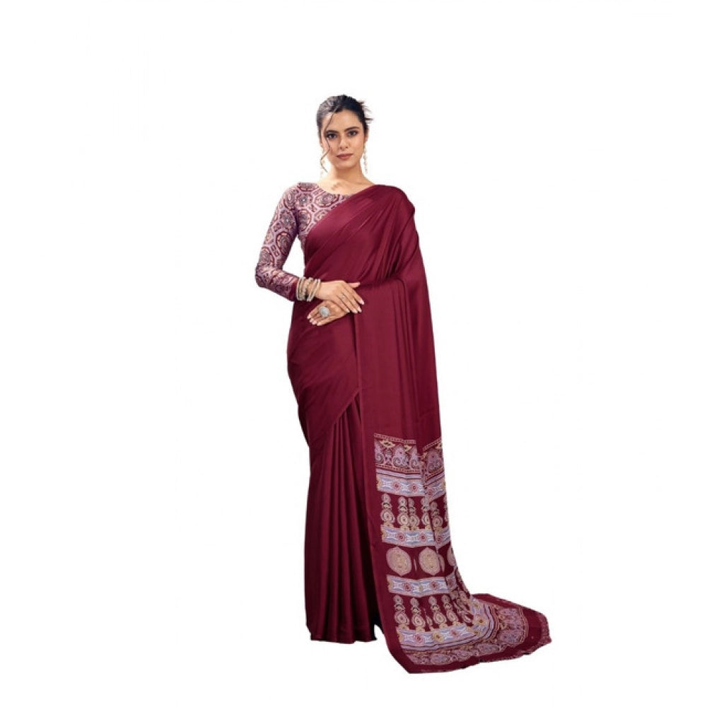 Amfyn Women's Satin Crepe Printed Saree With Unstitched Blouse 5.5Mtr (Maroon)