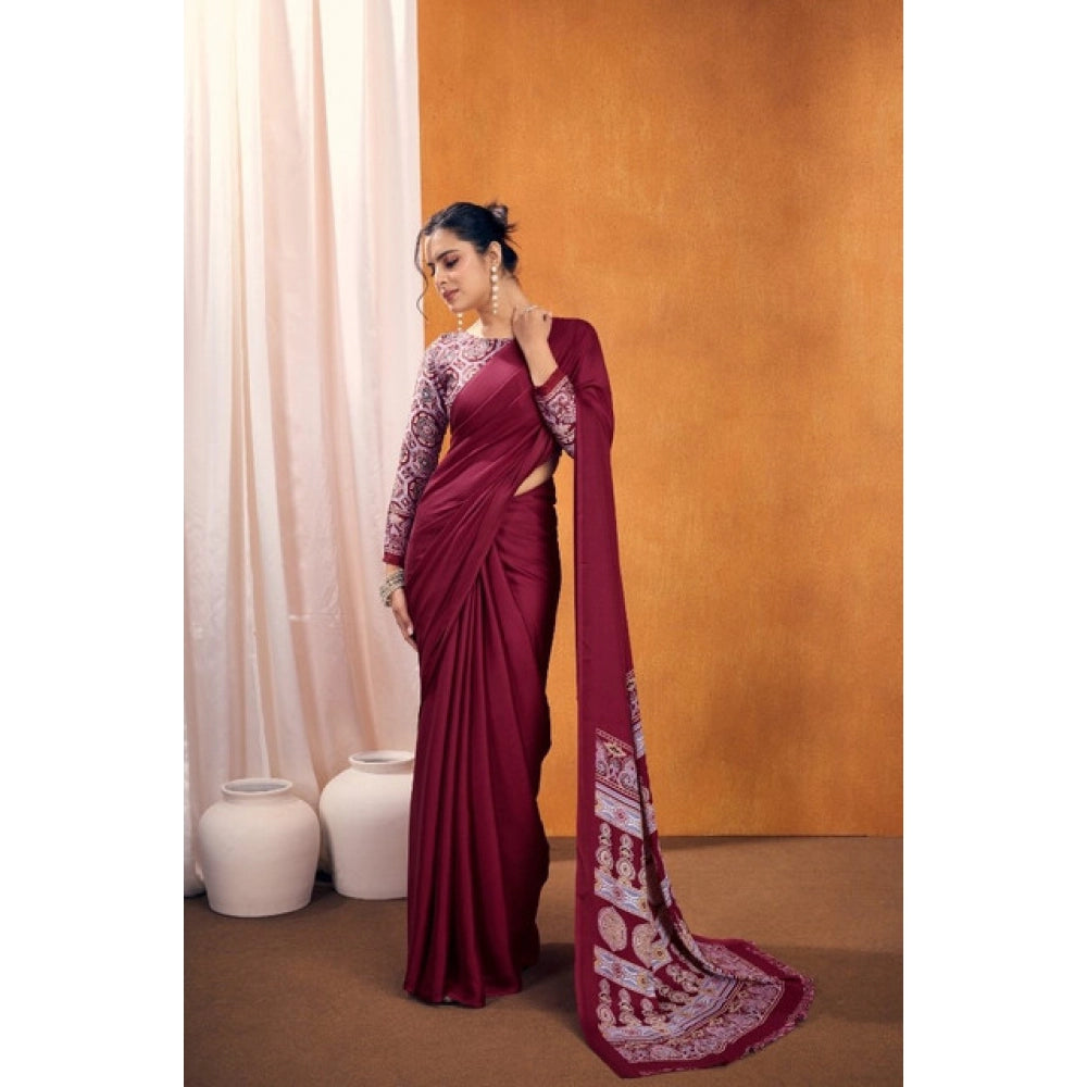 Amfyn Women's Satin Crepe Printed Saree With Unstitched Blouse 5.5Mtr (Maroon)