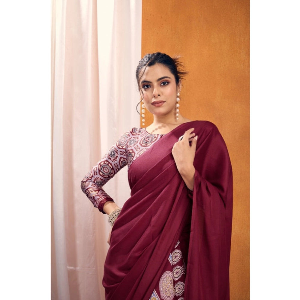 Amfyn Women's Satin Crepe Printed Saree With Unstitched Blouse 5.5Mtr (Maroon)