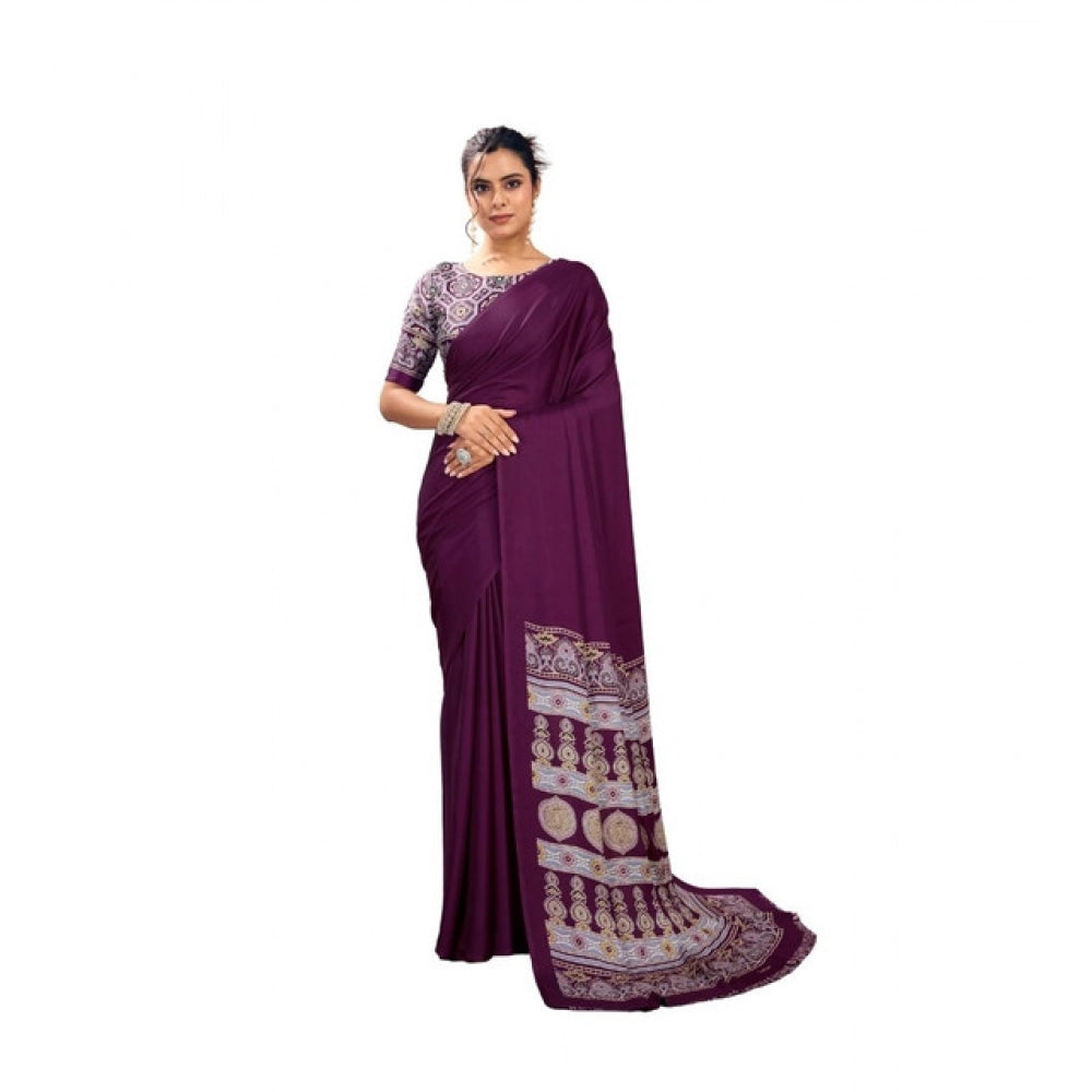 Amfyn Women's Satin Crepe Printed Saree With Unstitched Blouse 5.5Mtr (Purple)