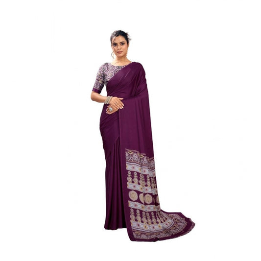 Amfyn Women's Satin Crepe Printed Saree With Unstitched Blouse 5.5Mtr (Purple)