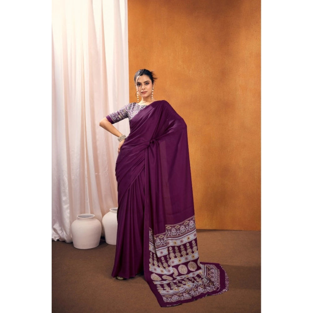 Amfyn Women's Satin Crepe Printed Saree With Unstitched Blouse 5.5Mtr (Purple)