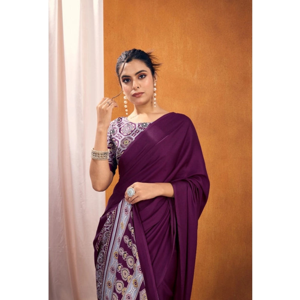 Amfyn Women's Satin Crepe Printed Saree With Unstitched Blouse 5.5Mtr (Purple)