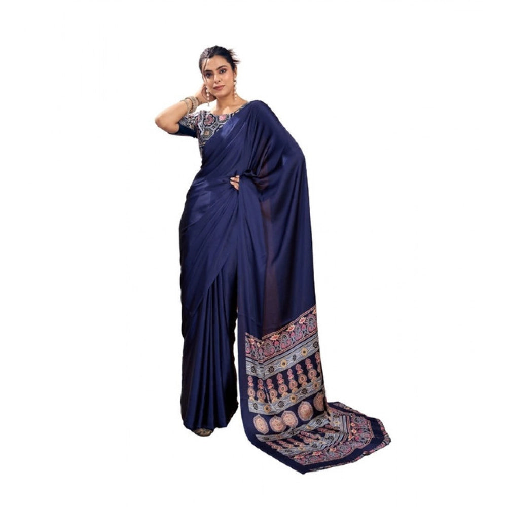 Amfyn Women's Satin Crepe Printed Saree With Unstitched Blouse 5.5Mtr (Navy Blue)