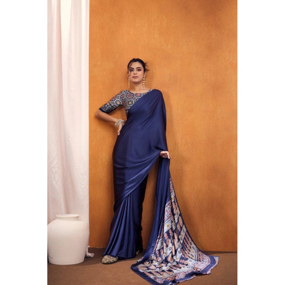 Amfyn Women's Satin Crepe Printed Saree With Unstitched Blouse 5.5Mtr (Navy Blue)