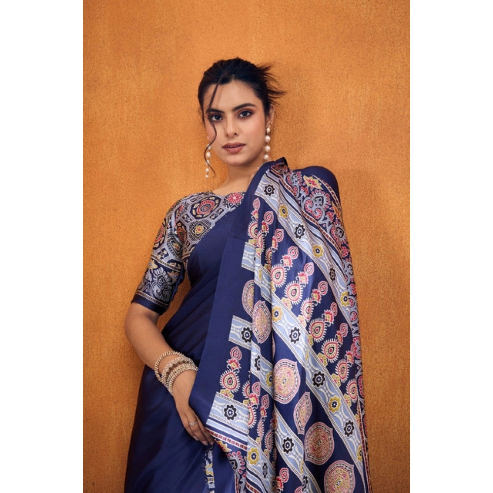 Amfyn Women's Satin Crepe Printed Saree With Unstitched Blouse 5.5Mtr (Navy Blue)
