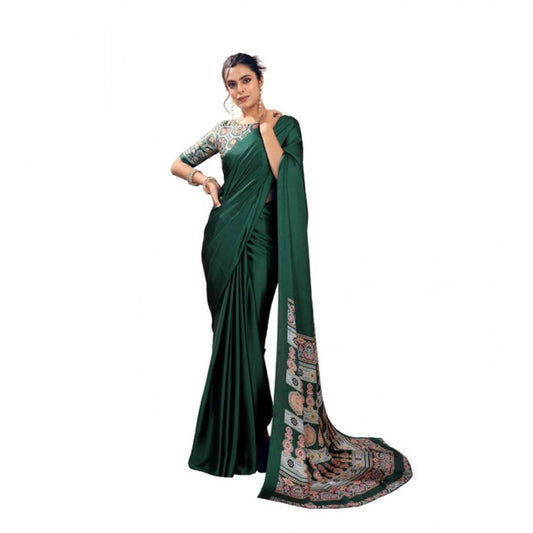 Amfyn Women's Satin Crepe Printed Saree With Unstitched Blouse 5.5Mtr (Bottle Green)