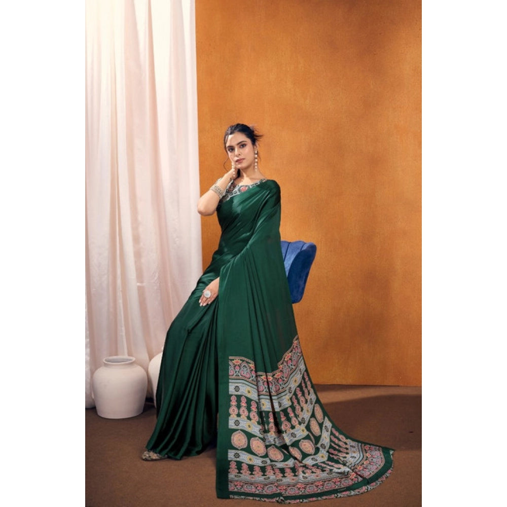 Amfyn Women's Satin Crepe Printed Saree With Unstitched Blouse 5.5Mtr (Bottle Green)