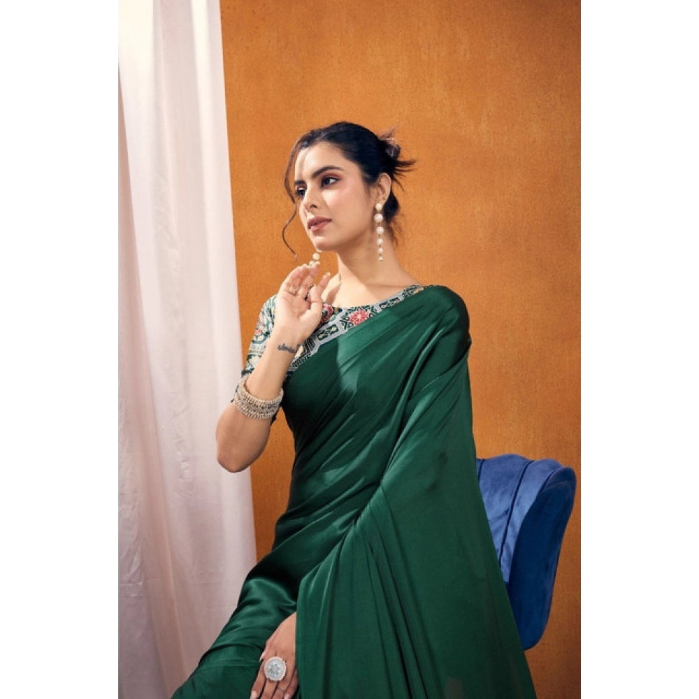 Amfyn Women's Satin Crepe Printed Saree With Unstitched Blouse 5.5Mtr (Bottle Green)