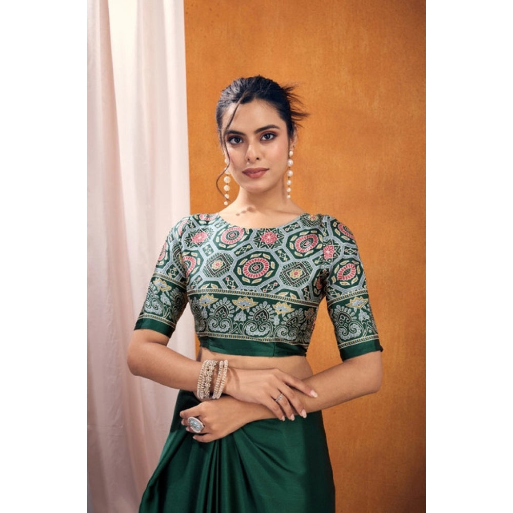 Amfyn Women's Satin Crepe Printed Saree With Unstitched Blouse 5.5Mtr (Bottle Green)