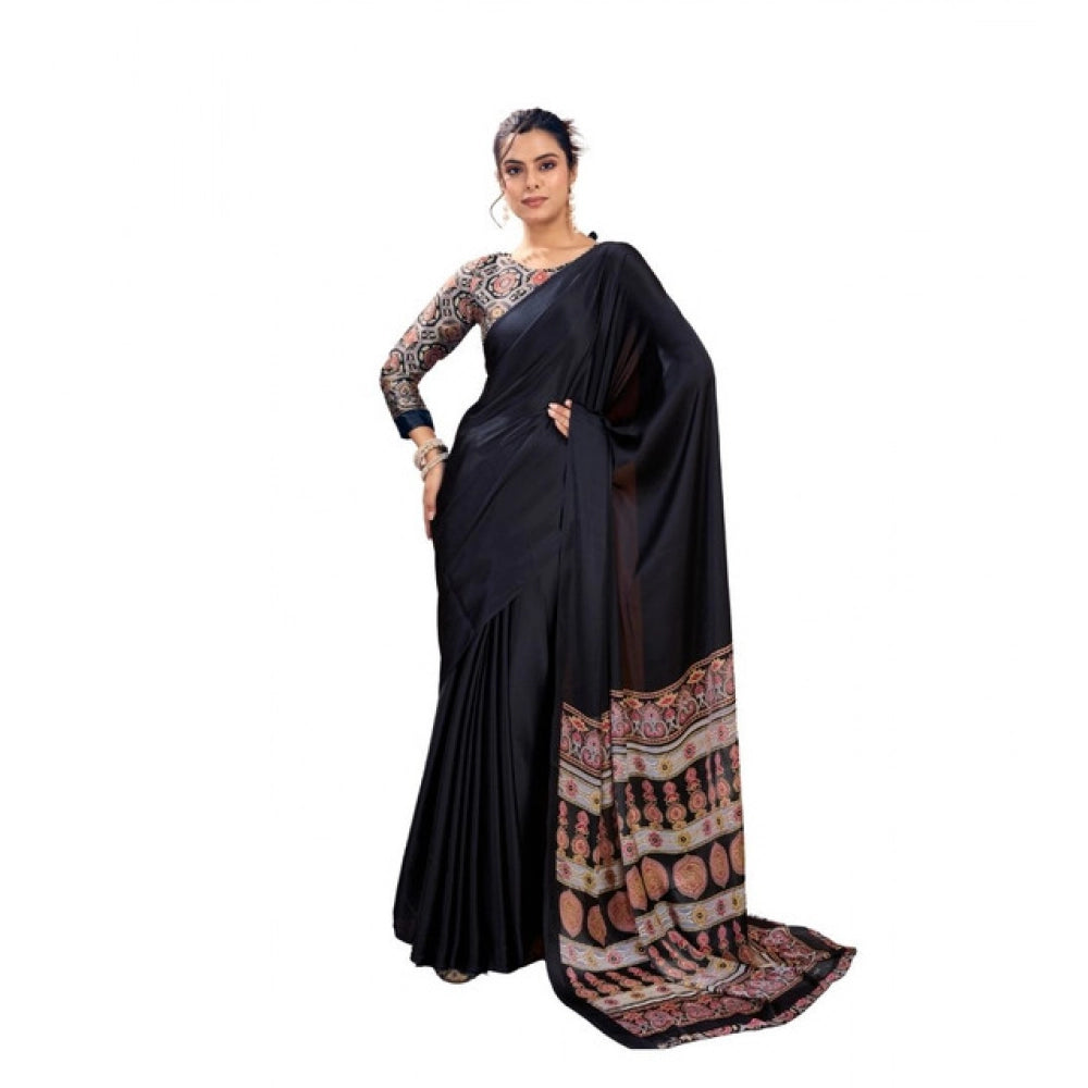 Amfyn Women's Satin Crepe Printed Saree With Unstitched Blouse 5.5Mtr (Black)