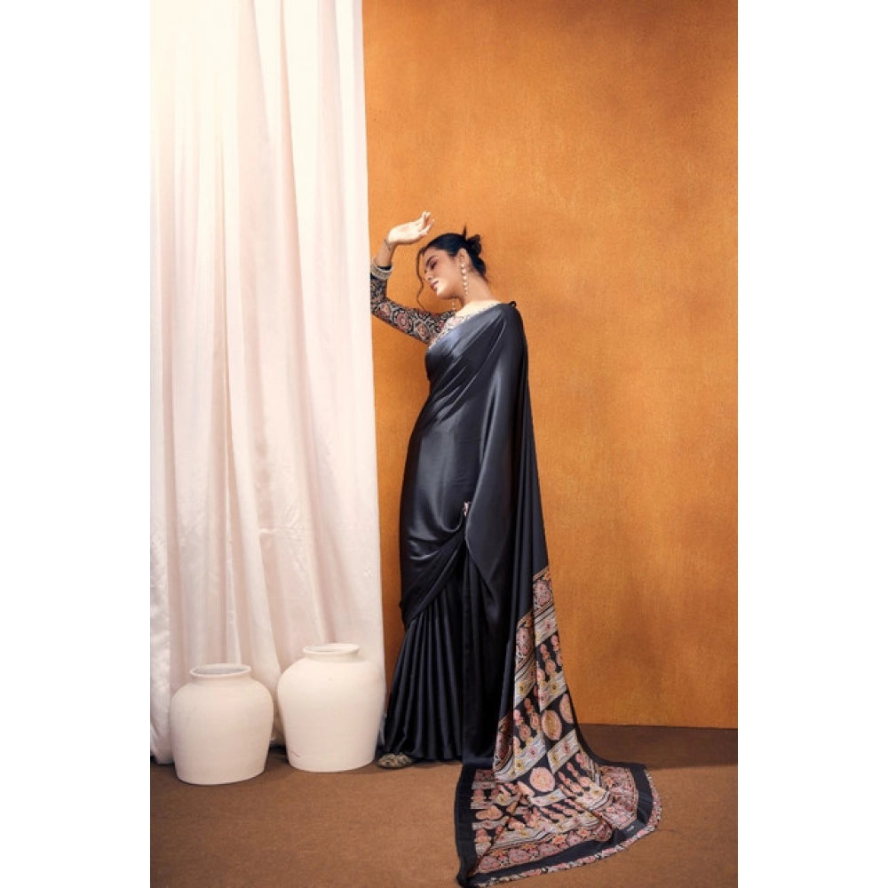 Amfyn Women's Satin Crepe Printed Saree With Unstitched Blouse 5.5Mtr (Black)