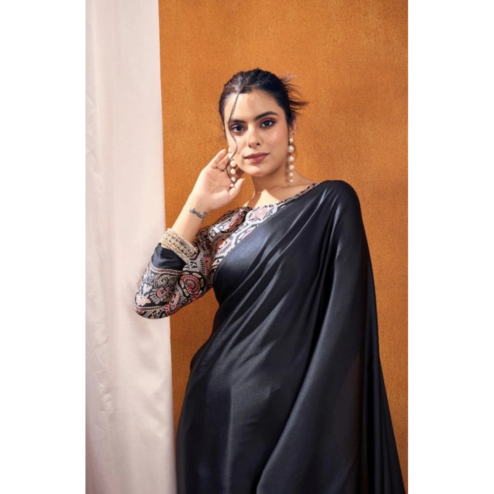 Amfyn Women's Satin Crepe Printed Saree With Unstitched Blouse 5.5Mtr (Black)
