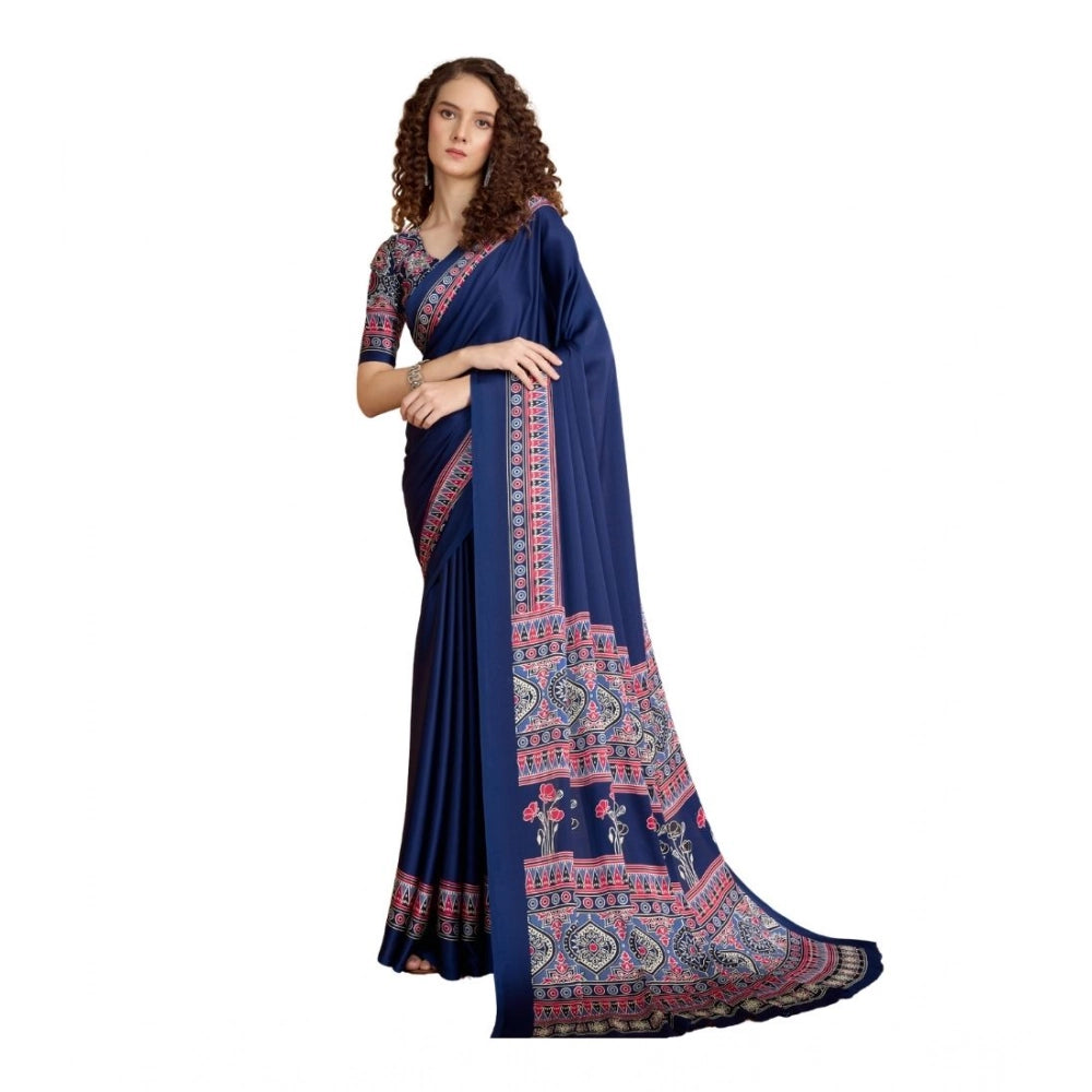 Amfyn Women's Satin Crepe Printed Saree With Unstitched Blouse 5.5Mtr (Navy Blue)