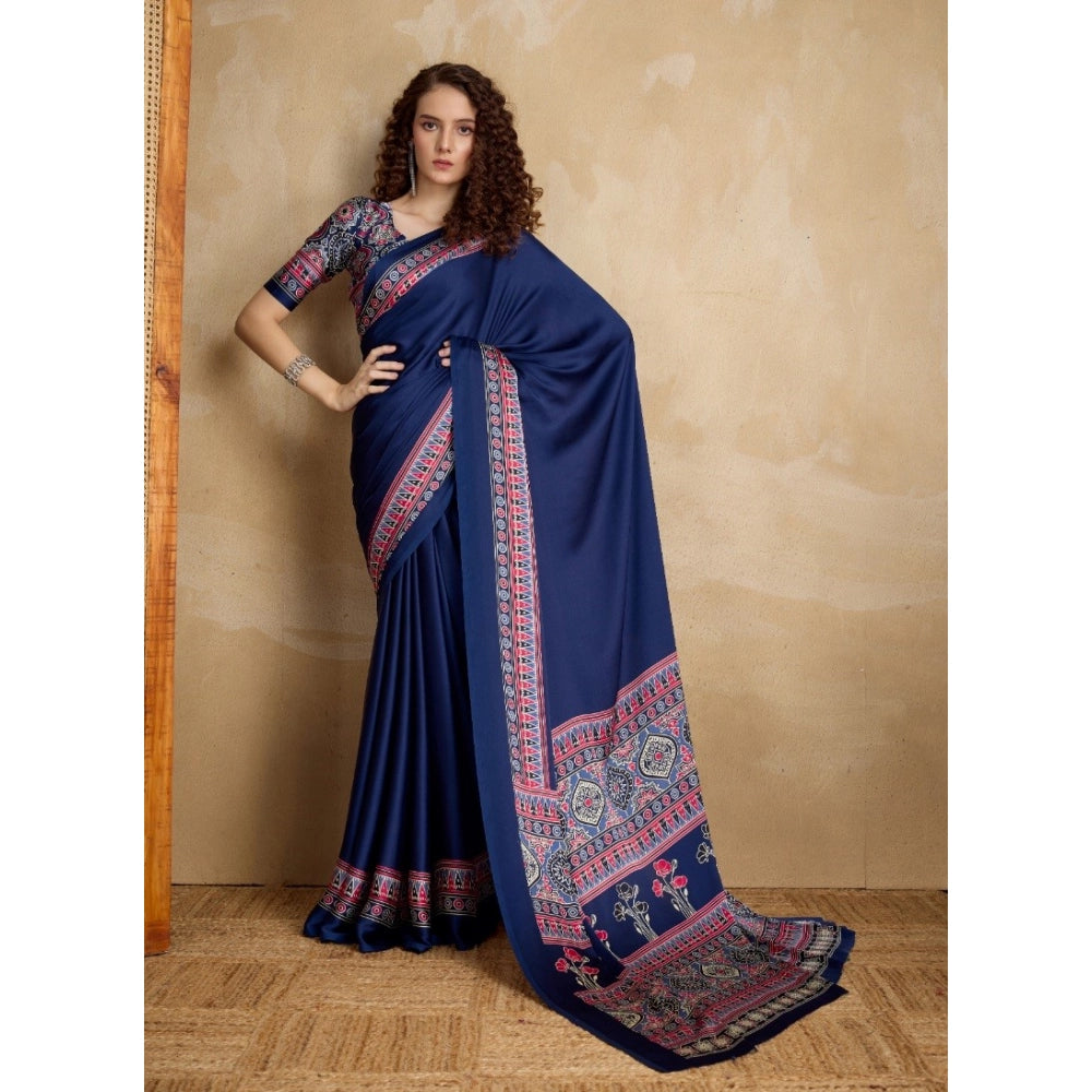 Amfyn Women's Satin Crepe Printed Saree With Unstitched Blouse 5.5Mtr (Navy Blue)