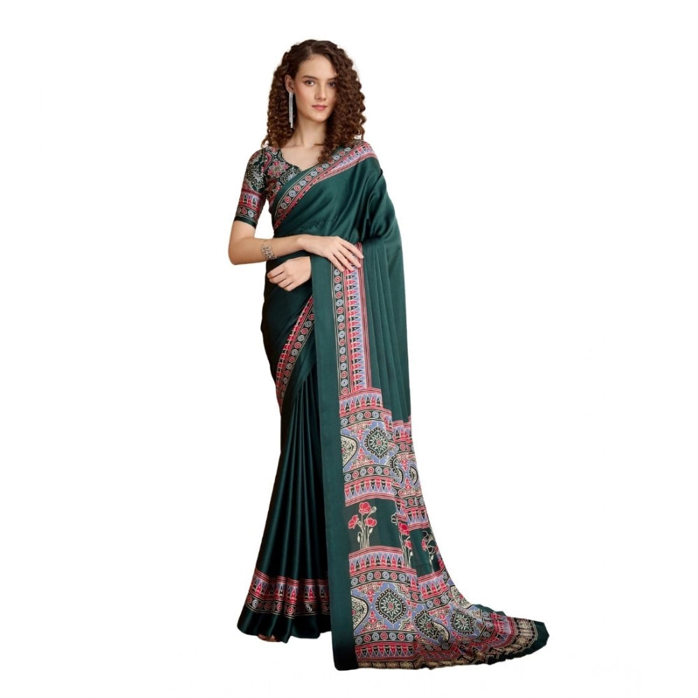 Amfyn Women's Satin Crepe Printed Saree With Unstitched Blouse 5.5Mtr (Green)