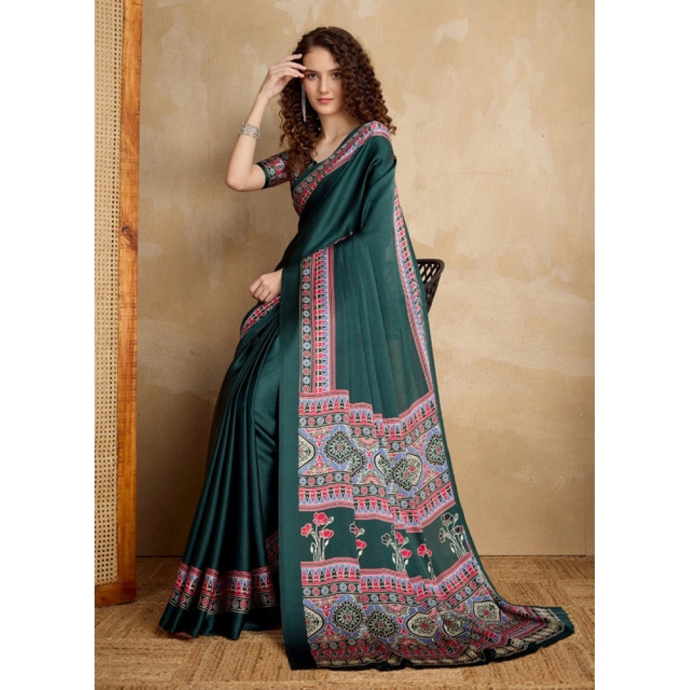 Amfyn Women's Satin Crepe Printed Saree With Unstitched Blouse 5.5Mtr (Green)
