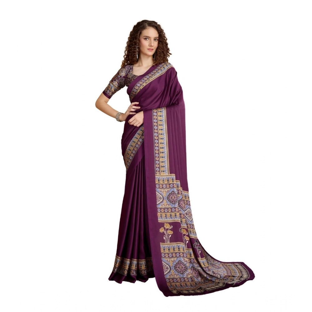 Amfyn Women's Satin Crepe Printed Saree With Unstitched Blouse 5.5Mtr (Purple)